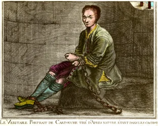Portret en pied de Louis Dominique Cartridge (1693-1721), francuski bandyta w swoim lochu Grawerowanie XVIII wieku Prywatna kolekcja