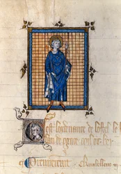 Pełnopostaciowy portret świętego Ludwika w majestacie (Ludwik IX) (1214-1270). Miniatura zaczerpnięta z „Rejestru rozporządzeń dworu królewskiego”. Paryż, Archiwum Narodowe