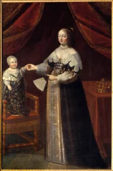 Portret u stóp Anny Austriaczki (1601-1666), Królowej Francji z dzieckiem Ludwika XIV Malarstwo Szkoły Francuskiej z XVII wieku. Chambord, muzeum zamkowe