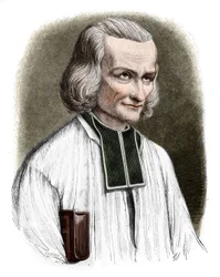 Portret opactwa Jean Marie Vianney (Vianey, Viannay, Viennet), znanego jako Proboszcz z Ars (1786-1859). Został wykonany Saint Jean-Marie Vianney w 1925 roku. Grawerowanie przez Cabuchet