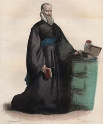 Portret Ambroise Pare (1509-1590), francuskiego chirurga. Ilustracja z „Francuskiego Plutarcha” Edmonda Mennecheta