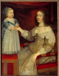Portret Anny Austriackiej, Królowej Francji (1601-1666) i delfina dziecka Ludwika XIV (1638-1715) Obraz Szkoły Francuskiej. Przed 1643. Słońce 1,2x0,96 m