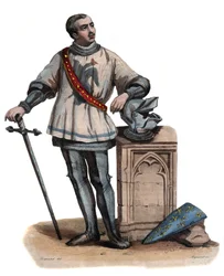 Portret Bertranda Duguesclina (Du Guesclin) (1320-1380), rycerza bretońskiego i francuskiego dowódcy wojskowego. ilustracja z „” Francuskiego Plutarcha”” Edmonda Mennechet