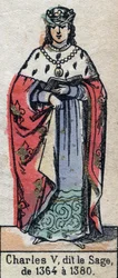 Portret Karola V z Francji, znanego jako Karol Mędrzec (1338-1380) (dynastia Kapetów). Ilustracja z końca XIX wieku.