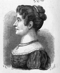Portret Elisy Garnerin, siostrzenicy Garnerina, która wypróbowała spadochron wynaleziony przez tego ostatniego - w „Albumie nauki”; wybitni uczeni; Wielkie odkrycia”” 1896.