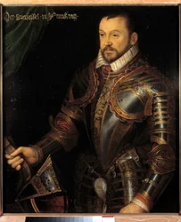 Portret Franciszka I, księcia Montmorency, marszałka Francji (1530-1579) w zbroi z wygrawerowanym monogramem i monogramem jego żony Diany de France Malarstwo szkoły francuskiej z XVI wieku. Ciemny. 0,87x0,74m. Wersal, pałace wersalskie i t