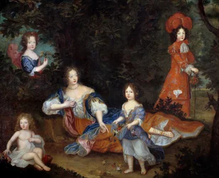 Portret Francoise Athenais (Francoise-Athenais) autorstwa Rochechouart Mortemart, markiza de Montespan (lub Madame de Montespan) (1640-1707) i jej dzieci księcia Maine, hrabiego Vexin, miss Tours i miss Nantes Szkoła francuska