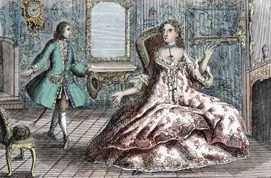 Portret francuskiej przestępczyni Marie Catherine Taperet Lescombat i jej kochanka Henriego Mongeota (grawerunek)