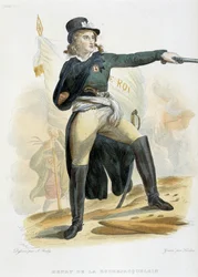 Portret Henriego du Vergiera, hrabiego La Rochejaquelein (lub Sadu La Rochejacquelein) (1772-1794) z flagą „live le roi” (na piersi insygnia Wandejczyków) - w „Le Plutarque Français”” autorstwa Mennechet, tom 8 1841