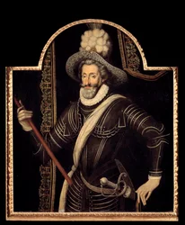 Portret Henryka IV w białym kirysie i pióropuszu, króla Francji i Nawarry (1553-1610) Anonimowy obraz Szkoły Francuskiej z XVI wieku. Ciemny. 1,15x0,99m.