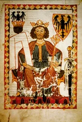 Portret Henryka VI (1165-97), króla Niemiec, Sycylii i cesarza Świętego Cesarstwa Rzymskiego. Miniatura Kodeksu „Manesse”