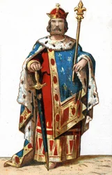 Portret Hugues I Capet (w. 941 - 996), księcia Francji, a następnie króla Francji. Chromolitografia z końca XIX wieku.