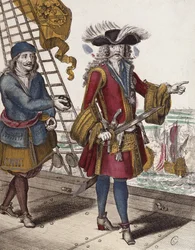Portret Jeana Barta (1650-1702) trzymającego w ustach płonący lont podczas starcia na morzu (kolorowe grawerowanie)