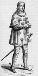 Portret Louisa de Maleta, pana Graville (ok. 1441-ok. 1519), admirała Francji w 1487, w kostiumie wojennym i turniejowym. Grawerowanie w „La Marine et les colonies: commerce”
