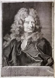 Portret Nicolasa Boileau, znanego również jako Boileau Despréaux (Boileau-Despréaux) (1636-1711), poety i pisarza. Rycina ilustrująca Dzieła pana Boileau Despréaux z objaśnieniami historycznymi, tom 1, wydanie Fabre et Barillot