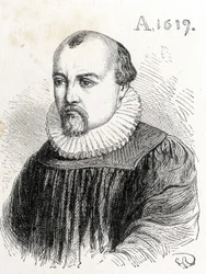 Portret Salomona de Caus (1576-1624), francuskiego fizyka - w „Albumie nauki”; wybitni uczeni; Wielkie odkrycia”” 1896.