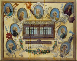 Portrety postaci historycznych i widok na paryską kawiarnię Le Procope: Benjamin Franklin, Jean Jacques Rousseau, Voltaire, Jean D
