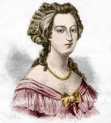 Portret markizy Boufflers Marie Francoise Catherine de Beauvau Craon (1711-1787). Grawer w „Historii prostytucji i rozpusty wśród wszystkich narodów świata od starożytności do dnia dzisiejszego” autorstwa dr Th. -F. Debray. 1879.