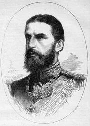 Portret księcia Rumunii Karola de Hoenzolern Sigmaringer (1839-1914), przyszłego króla pod imieniem Karol I (Karol I). Grawer w „Le Monde Illustré” nr 1054 z 23 czerwca 1877 r.