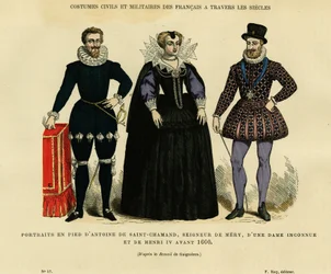 Portrety Antoine de Saint Chamand, pana Mery sur Oise i króla Francji Henryka IV (1553-1610), otaczające nieznaną kobietę, przed 1600 rokiem. Grafika w kolorach według rysunku Gaignieres, w "France et les francais à travers les siecles".