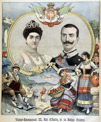 Portrety medalionowe Wiktora Emanuela III i Heleny Czarnogórskiej, władców Włoch, okładka „Le Petit Journal“ z 5/7/1903