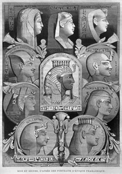 Portrety królowych i królów starożytnego Egiptu, z Legypte Georga Moritza Ebersa (1837-98), 1881 (rycina bw)