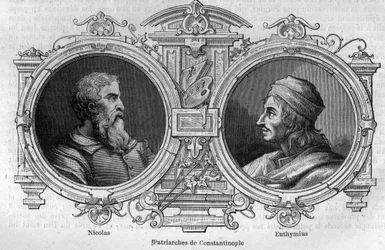 Portrety Mikołaja mistyka (X w.) i Eutymiusza z Atos (955-1028), patriarchów Konstantynopola. Grawer w „Histoire des Papes-Rois-Queen and Empereurs a travers les Century” Maurice Lachatre