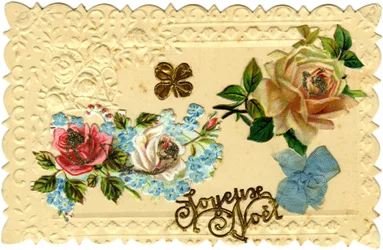 Pocztówka: Wesołych Świąt (papier tłoczony, cięty w chromolitografii i złocony, tkaniny)