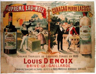 Plakat reklamujący francuskie likiery „Eaux de Noix” i „Curacao, Pierre Lacoste”, wykonał Louis Denoix (kolor litho)