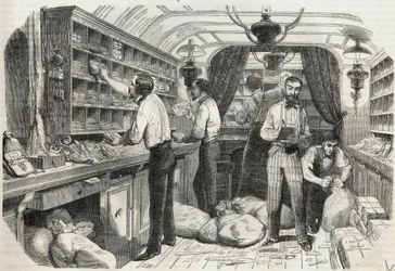 Słupki: wnętrze mobilnego biura - Grawerowanie w „Tableau-de-Paris” autorstwa Edmonda Texiera 1852