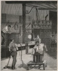 Garncarstwo, Manufaktura de Sevres: Warsztat odlewania próżniowego i sprężonego powietrza. Grawer z 1885 roku w „Les arts et metiers illustres” Adolphe BITARD.