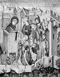 Przepowiadanie pierwszych apostołów misjonarzy, ilustracja z nauki i literatury w średniowieczu i renesansie, napisana i rytowana przez Paula Lacroix, 1878