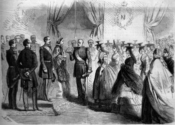 Prezentacja Napoleonowi III (1808-1873) i Impresatorowi Eugenii (1826-1920) dwunastu Maconnaises w stroju wiejskim. Macon, Saone i Loire (71)