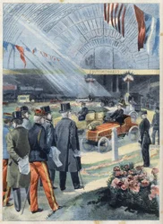 Prezydent Republiki Francuskiej Emile Loubet (1838-1929) ma wystawę alkoholu przemysłowego w galerii maszyn na Polach Marsowych w Paryżu, w „Le Petit Parisien”