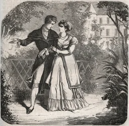 Księżna Walii Karolina z Brunszwiku (1768-1821) spacerująca ze swoim kochankiem, Bartolomeo Bergami. Grawer z 1871 r. w „Histoire Des Cocus Celebres” Henry