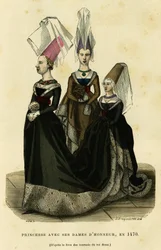 Księżniczka z damami dworu, około 1470 roku. Kolorowa rycina według księgi turniejów króla Rene, w "France et les francais a travers les siecles" Augustina Challamela, redaktora F.Roya, Paryż 1882. Kolekcja Selva.