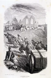Więźniowie ciągnący bloki kamienia, „”Les Bagnes: histoire, types, moreurs, mystique”” Maurice Alhoy, wyd. Gustave Havard