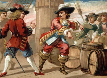Kaper Jean Bart (1650-1702) groził korsarzowi angielskiemu, który wziął go do niewoli, grożąc wysadzeniem statku przez podpalenie beczki prochu. Chromolitografia z końca XIX wieku