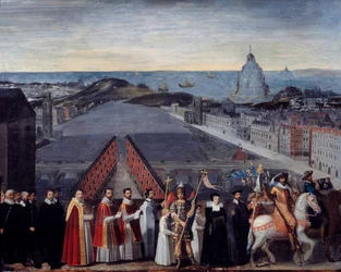 Procesja z paryskim dżemem pielgrzymów św. Michała du Mont na obrazie Pont Neuf Anonymous. XVII wiek. Wymiary 0,80 x 1,05 m Paryż, Muzeum Carnavalet