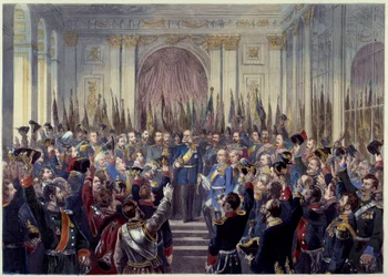 Proklamacja Cesarstwa Niemieckiego 18 stycznia 1871 r. w Galerii Lodowej w Wersalu po klęsce Francji w wojnie z Prusami w 1870 roku. Wilhelm I (1797-1888) zostaje ogłoszony cesarzem. XIX-wieczny Paryż, Musee Carnavalet