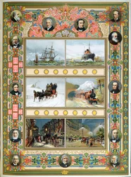 Postęp za panowania królowej Wiktorii (1819-1901). Żaglowce, parowce, pociąg parowy oraz gazowe i elektryczne oświetlenie uliczne, 1887