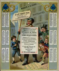 Kalendarz promocyjny na rok 1887 reklamujący krawców i pasmanterię Canavy Freres, ok. 1886 r.