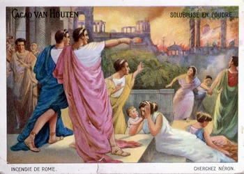 Karta promocyjna dla Cacao van Houtena do picia czekolady ilustrująca spalenie Rzymu w 64 r. n.e., ok. 1910 r.