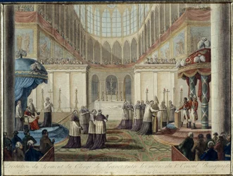 Promulgowanie konkordatu z 1801 r.: zaprzysiężone przez duchowieństwo francuskie na ręce I Konsula Bonaparte, w obecności legata Jego Świątobliwości w Metropolitan Church w Paryżu, 22 germinalnego 10 roku, Wielkanoc 8 kwietnia 1802 r.