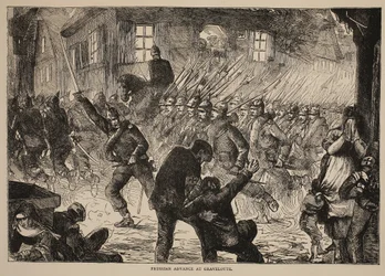 Natarcie pruskie na Gravelotte, ilustracja z Historii wojny Cassells między Francją a Niemcami, 1870-1871