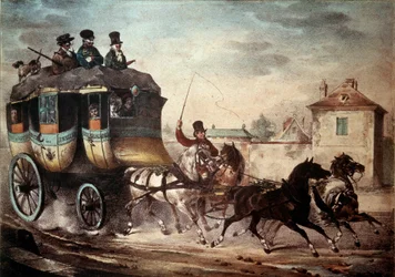 Transport publiczny: Sprawdzenie linii między Paryżem a Meaux. Ilustracja złoczyńcy z 1824 r. Compiegne, Muzeum Zamkowe