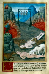 Kara zarezerwowana dla złodziei i szabrowników w piekle, są oni wieszani, paleni i pożerani przez psy. Miniatura z "Le Tresor de Sapience" autorstwa Jeana Gersona (1363-1429) XV wiek Chantilly, Musee Conde
