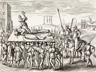 Kary ogłoszone przez króla Henryka VIII przeciwko katolikom angielskim, z książki „Życie wojskowe i religijne w średniowieczu” Paula Lacroix, opublikowane w Londynie ok. 1880 r.