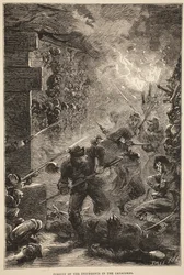 Pogoń za powstańcami w katakumbach, maj 1871, ilustracja z Historii wojny Cassells między Francją a Niemcami, 1870-1871