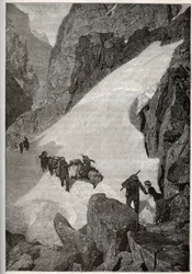 Pireneje - wejście na Pic du Midi - grawerowanie w „” PATRIE” - PIQUE OPIS FRANCJI W 6 TOMACH WG LUCIENA HUARDA - koniec XIX wieku